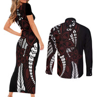 Polynesian Plumeria Floral Tattoo Pattern Couples Matching Short Sleeve Bodycon Dress and Long Sleeve Button Shirt Oxblood Style