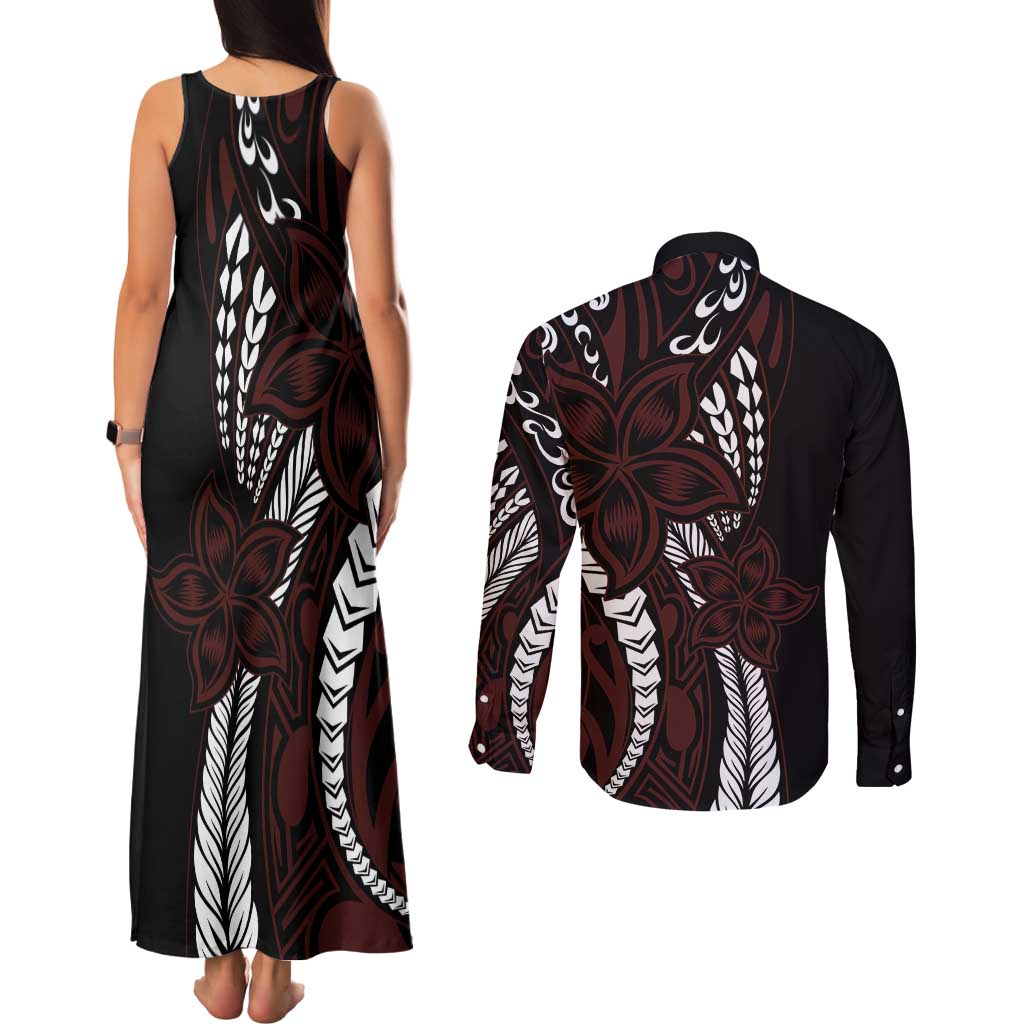 Polynesian Plumeria Floral Tattoo Pattern Couples Matching Tank Maxi Dress and Long Sleeve Button Shirt Oxblood Style