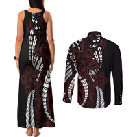 Polynesian Plumeria Floral Tattoo Pattern Couples Matching Tank Maxi Dress and Long Sleeve Button Shirt Oxblood Style