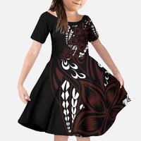 Polynesian Plumeria Floral Tattoo Pattern Family Matching Long Sleeve Bodycon Dress and Hawaiian Shirt Oxblood Style LT9 Daughter's Dress Oxblood - Polynesian Pride