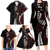 Polynesian Plumeria Floral Tattoo Pattern Family Matching Long Sleeve Bodycon Dress and Hawaiian Shirt Oxblood Style LT9 - Polynesian Pride