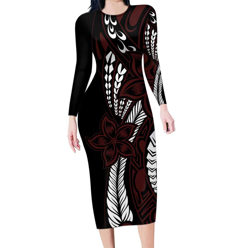 Polynesian Plumeria Floral Tattoo Pattern Family Matching Long Sleeve Bodycon Dress and Hawaiian Shirt Oxblood Style LT9 Mom's Dress Oxblood - Polynesian Pride