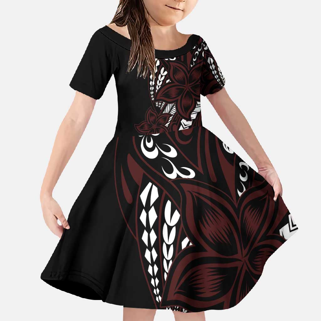 Polynesian Plumeria Floral Tattoo Pattern Family Matching Mermaid Dress and Hawaiian Shirt Oxblood Style LT9 Daughter's Dress Oxblood - Polynesian Pride