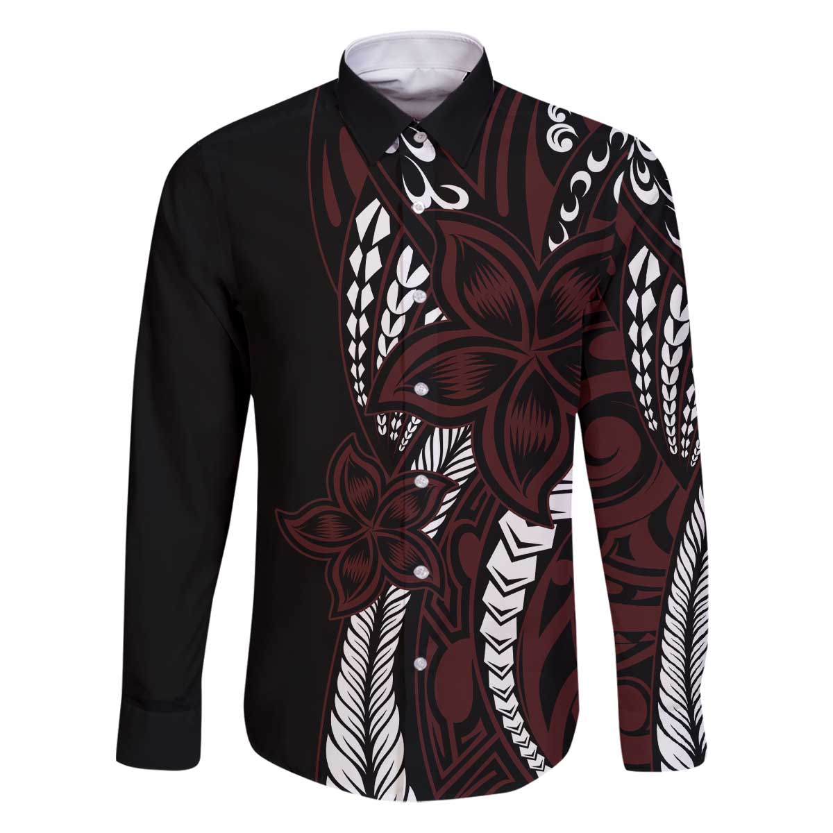 Polynesian Plumeria Floral Tattoo Pattern Family Matching Puletasi and Hawaiian Shirt Oxblood Style LT9 Dad's Shirt - Long Sleeve Oxblood - Polynesian Pride