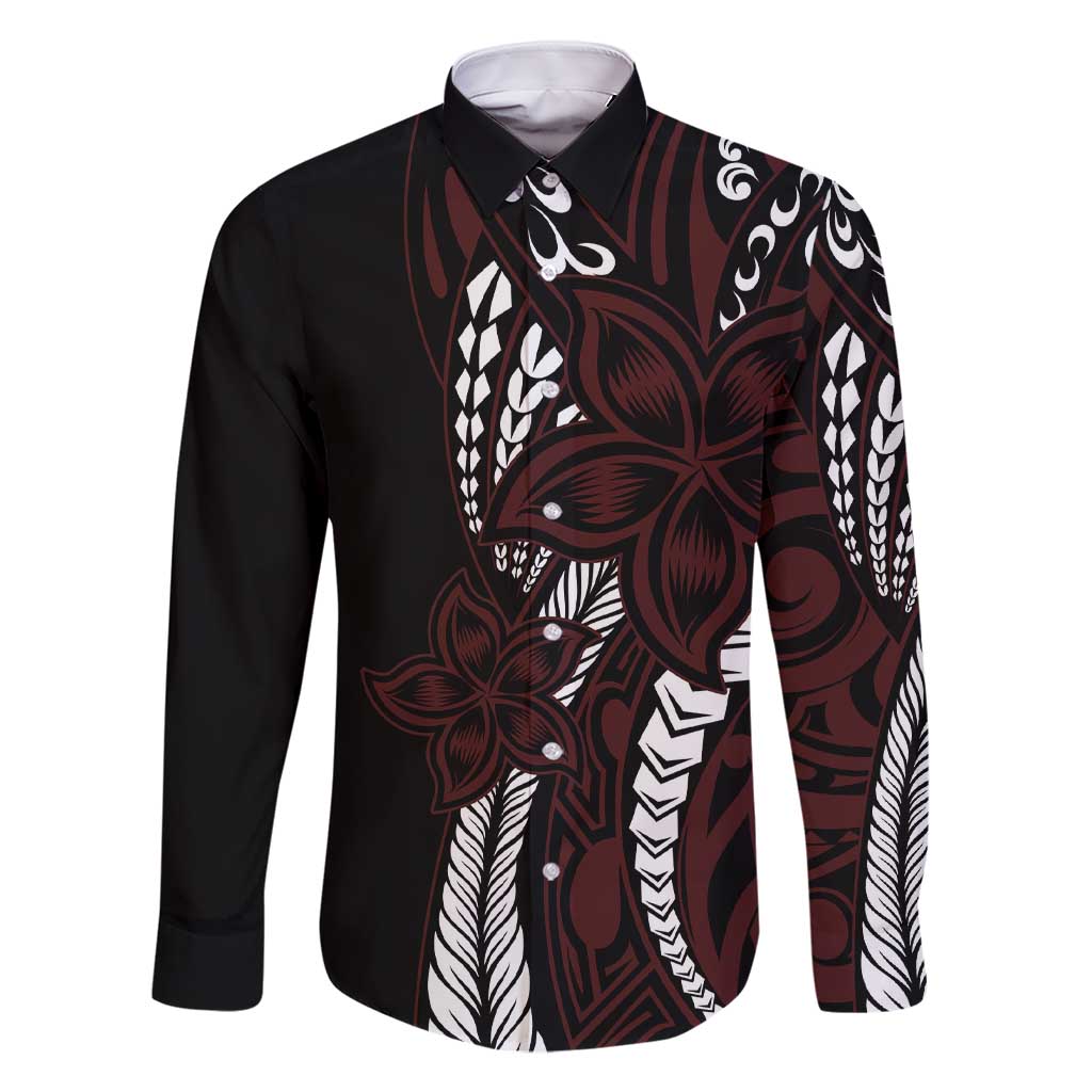 Polynesian Plumeria Floral Tattoo Pattern Family Matching Short Sleeve Bodycon Dress and Hawaiian Shirt Oxblood Style LT9 Dad's Shirt - Long Sleeve Oxblood - Polynesian Pride