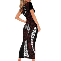 Polynesian Plumeria Floral Tattoo Pattern Family Matching Short Sleeve Bodycon Dress and Hawaiian Shirt Oxblood Style LT9 - Polynesian Pride