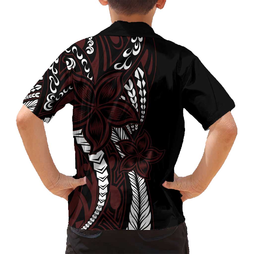 Polynesian Plumeria Floral Tattoo Pattern Family Matching Tank Maxi Dress and Hawaiian Shirt Oxblood Style