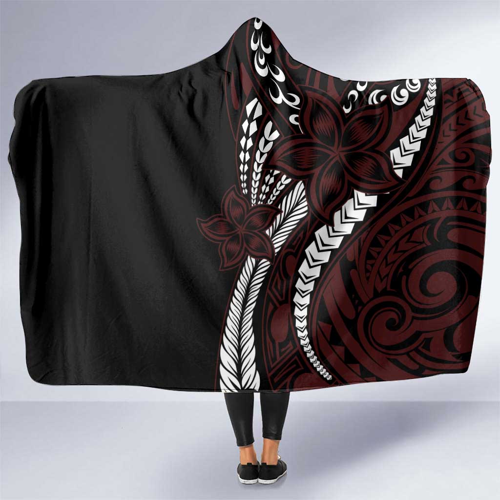 Polynesian Plumeria Floral Tattoo Pattern Hooded Blanket Oxblood Style