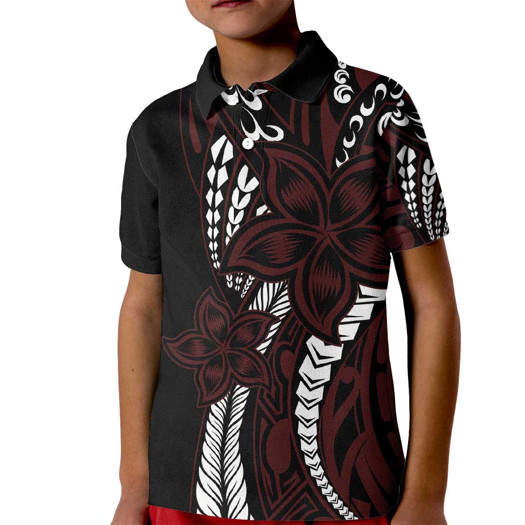 Polynesian Plumeria Floral Tattoo Pattern Kid Polo Shirt Oxblood Style
