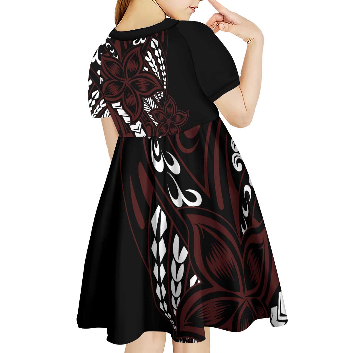 Polynesian Plumeria Floral Tattoo Pattern Kid Short Sleeve Dress Oxblood Style