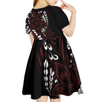 Polynesian Plumeria Floral Tattoo Pattern Kid Short Sleeve Dress Oxblood Style