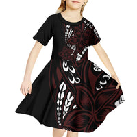 Polynesian Plumeria Floral Tattoo Pattern Kid Short Sleeve Dress Oxblood Style