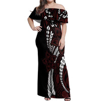 Polynesian Plumeria Floral Tattoo Pattern Off Shoulder Maxi Dress Oxblood Style