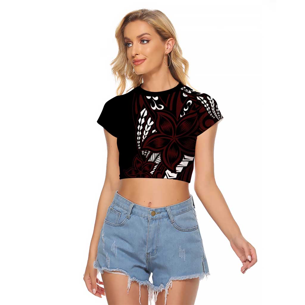 Polynesian Plumeria Floral Tattoo Pattern Raglan Cropped T Shirt Oxblood Style
