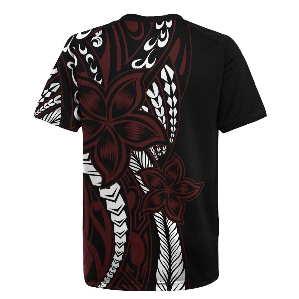 Polynesian Plumeria Floral Tattoo Pattern Rugby Jersey Oxblood Style