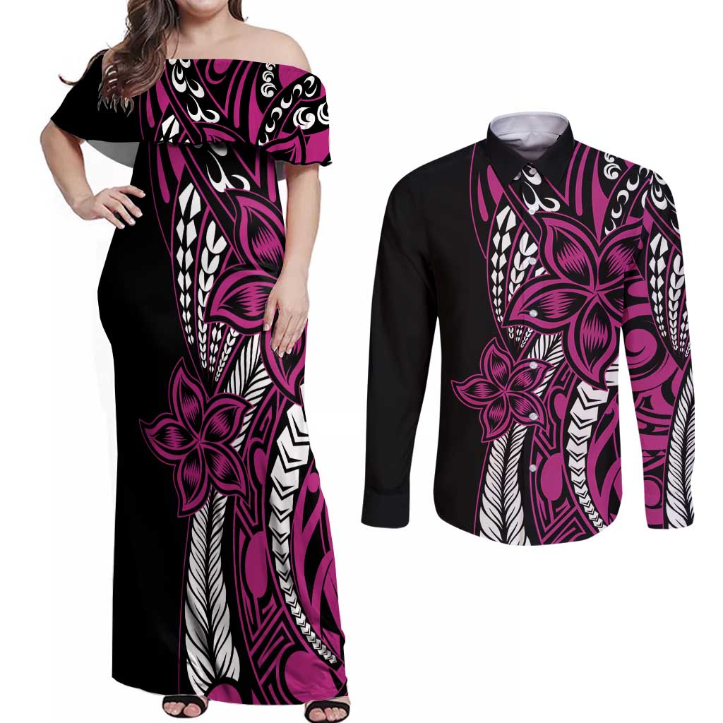 Polynesian Plumeria Floral Tattoo Pattern Couples Matching Off Shoulder Maxi Dress and Long Sleeve Button Shirt Pink Style