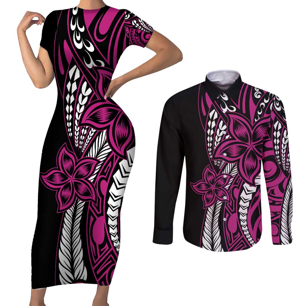 Polynesian Plumeria Floral Tattoo Pattern Couples Matching Short Sleeve Bodycon Dress and Long Sleeve Button Shirt Pink Style