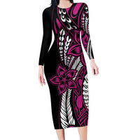 Polynesian Plumeria Floral Tattoo Pattern Family Matching Long Sleeve Bodycon Dress and Hawaiian Shirt Pink Style LT9 Mom's Dress Pink - Polynesian Pride