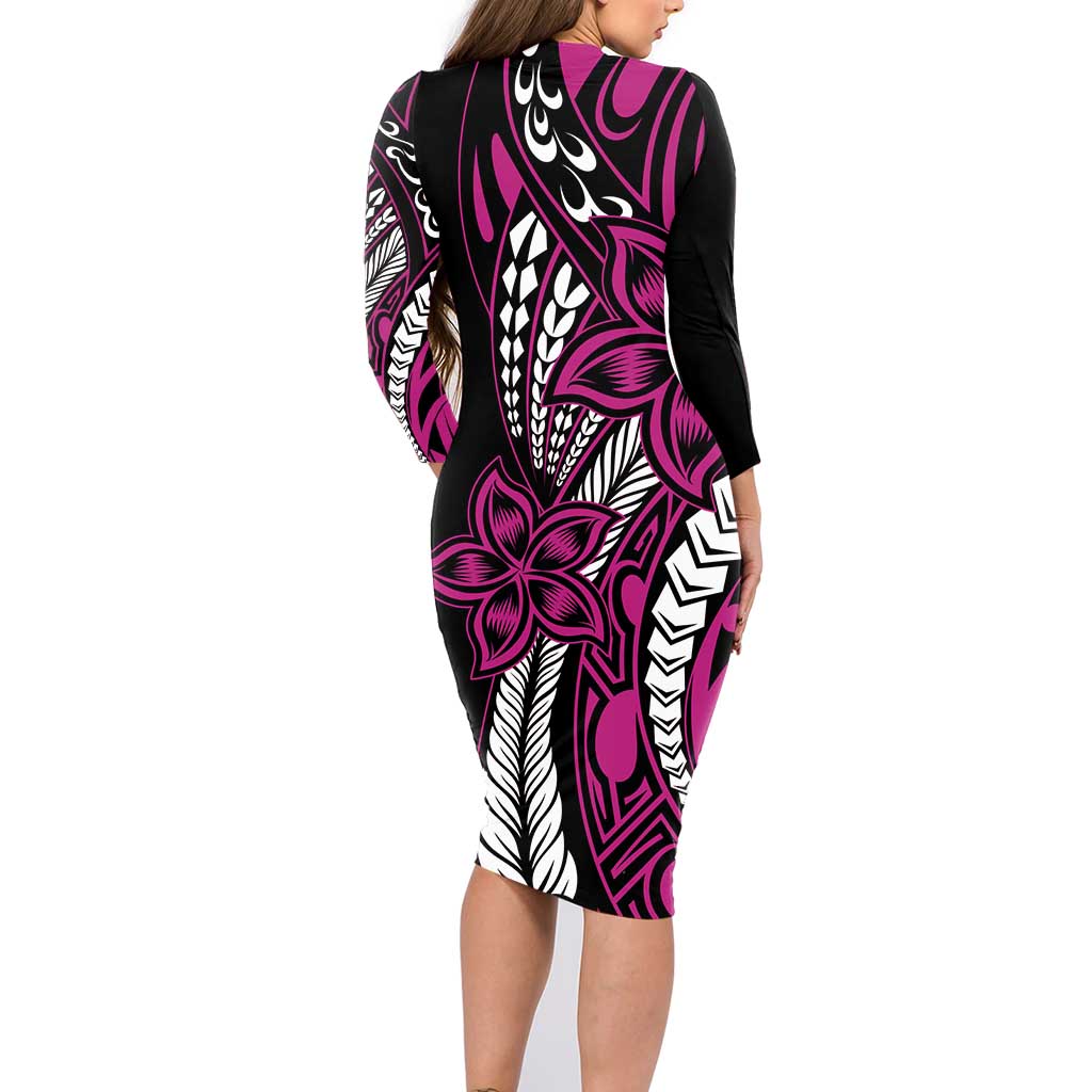 Polynesian Plumeria Floral Tattoo Pattern Family Matching Long Sleeve Bodycon Dress and Hawaiian Shirt Pink Style LT9 - Polynesian Pride