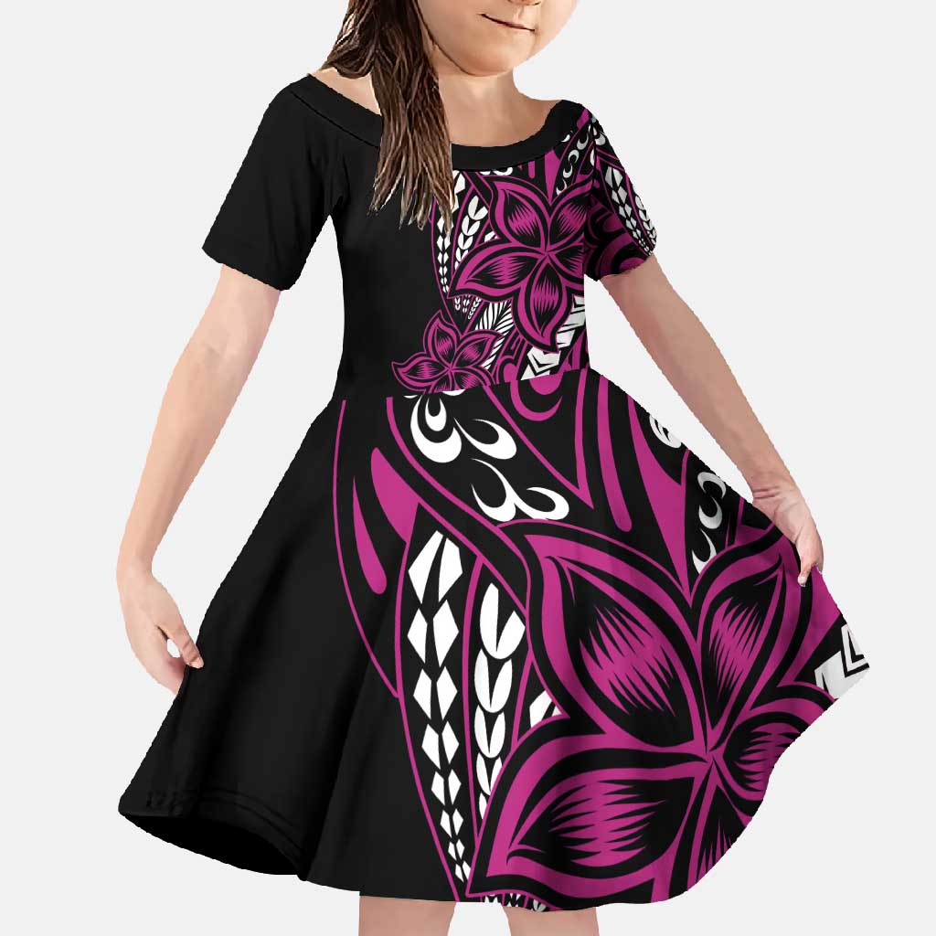 Polynesian Plumeria Floral Tattoo Pattern Family Matching Short Sleeve Bodycon Dress and Hawaiian Shirt Pink Style LT9 Daughter's Dress Pink - Polynesian Pride