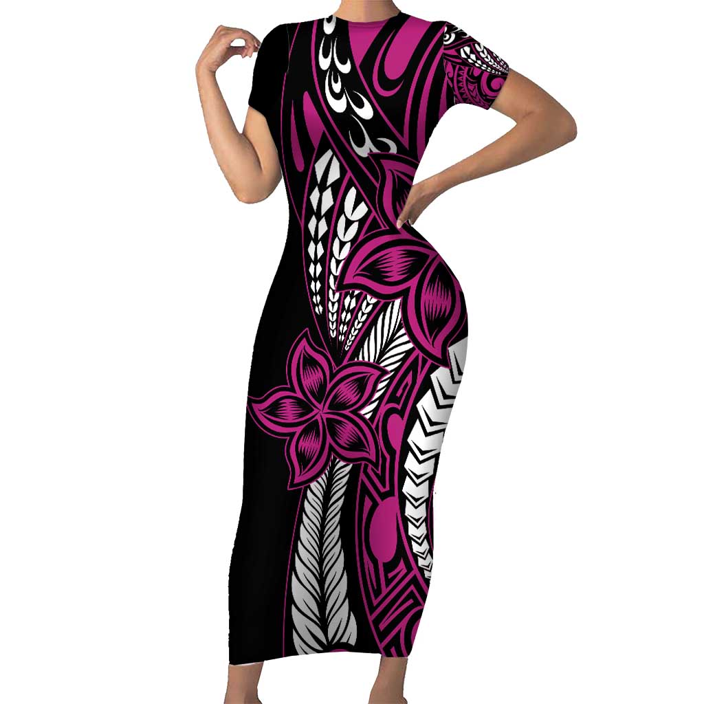 Polynesian Plumeria Floral Tattoo Pattern Family Matching Short Sleeve Bodycon Dress and Hawaiian Shirt Pink Style LT9 Mom's Dress Pink - Polynesian Pride