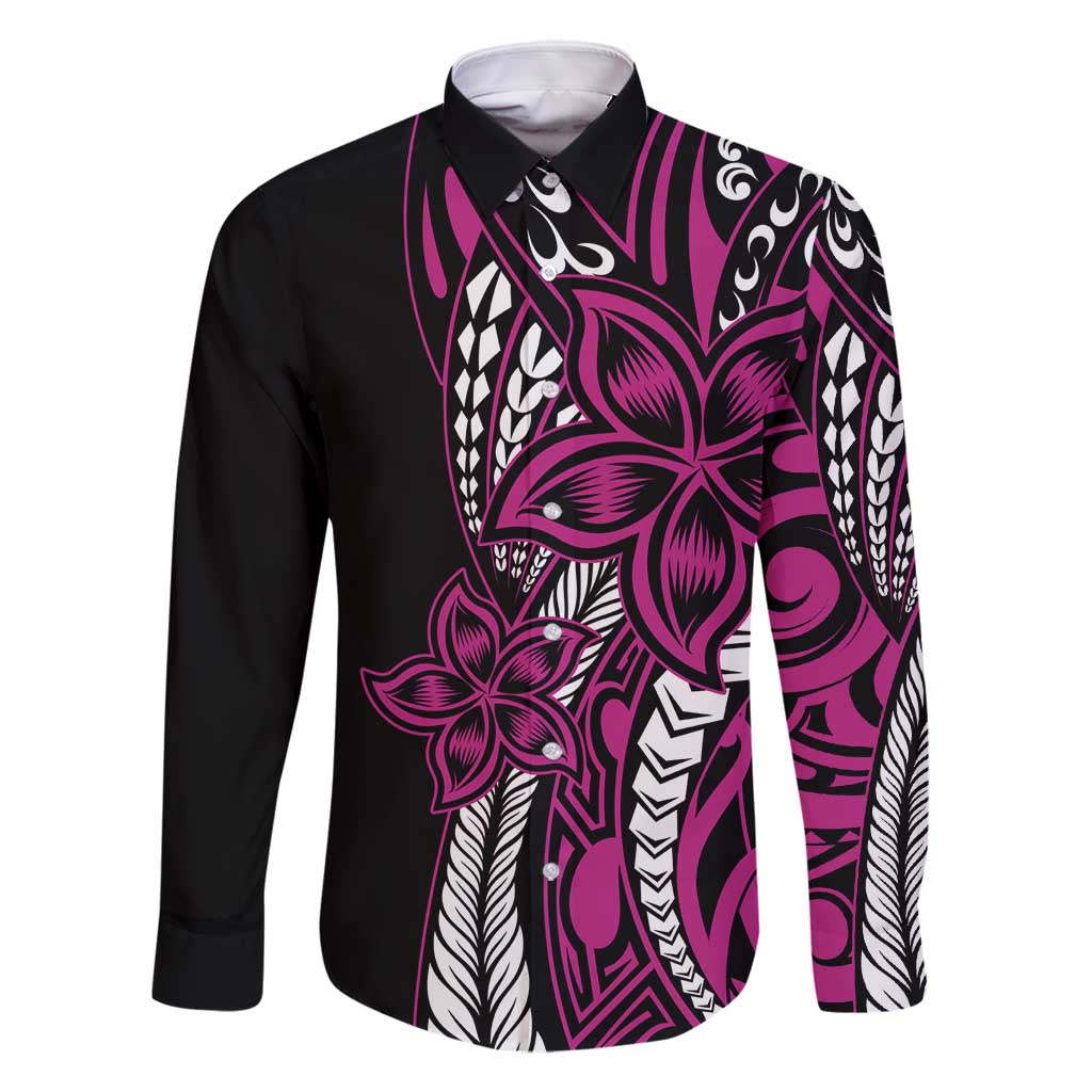 Polynesian Plumeria Floral Tattoo Pattern Family Matching Summer Maxi Dress and Hawaiian Shirt Pink Style LT9 Dad's Shirt - Long Sleeve Pink - Polynesian Pride