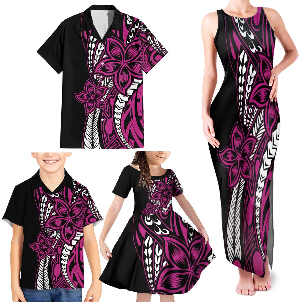 Polynesian Plumeria Floral Tattoo Pattern Family Matching Tank Maxi Dress and Hawaiian Shirt Pink Style