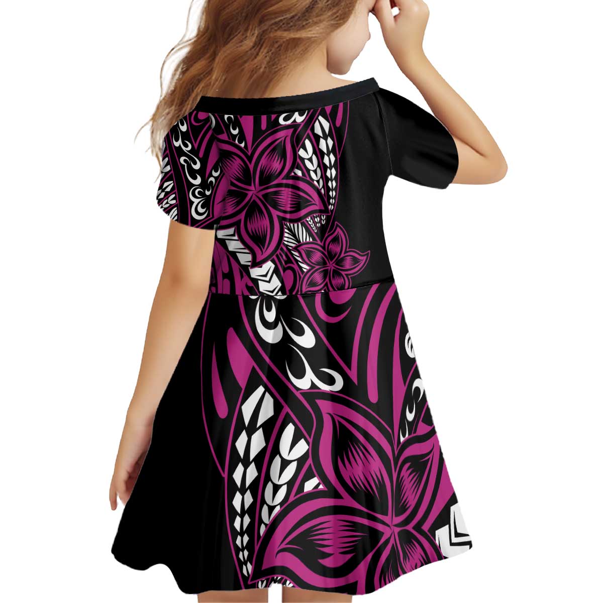 Polynesian Plumeria Floral Tattoo Pattern Kid Short Sleeve Dress Pink Style