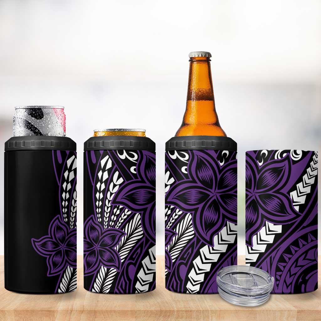 Polynesian Plumeria Floral Tattoo Pattern 4 in 1 Can Cooler Tumbler Purple Style