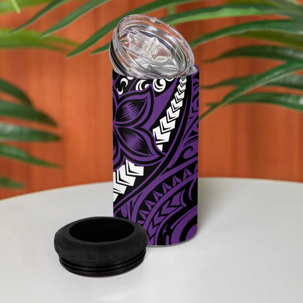 Polynesian Plumeria Floral Tattoo Pattern 4 in 1 Can Cooler Tumbler Purple Style