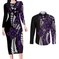 Polynesian Plumeria Floral Tattoo Pattern Couples Matching Long Sleeve Bodycon Dress and Long Sleeve Button Shirt Purple Style