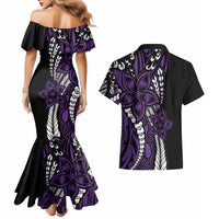 Polynesian Plumeria Floral Tattoo Pattern Couples Matching Mermaid Dress and Hawaiian Shirt Purple Style