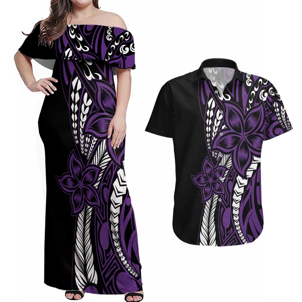 Polynesian Plumeria Floral Tattoo Pattern Couples Matching Off Shoulder Maxi Dress and Hawaiian Shirt Purple Style