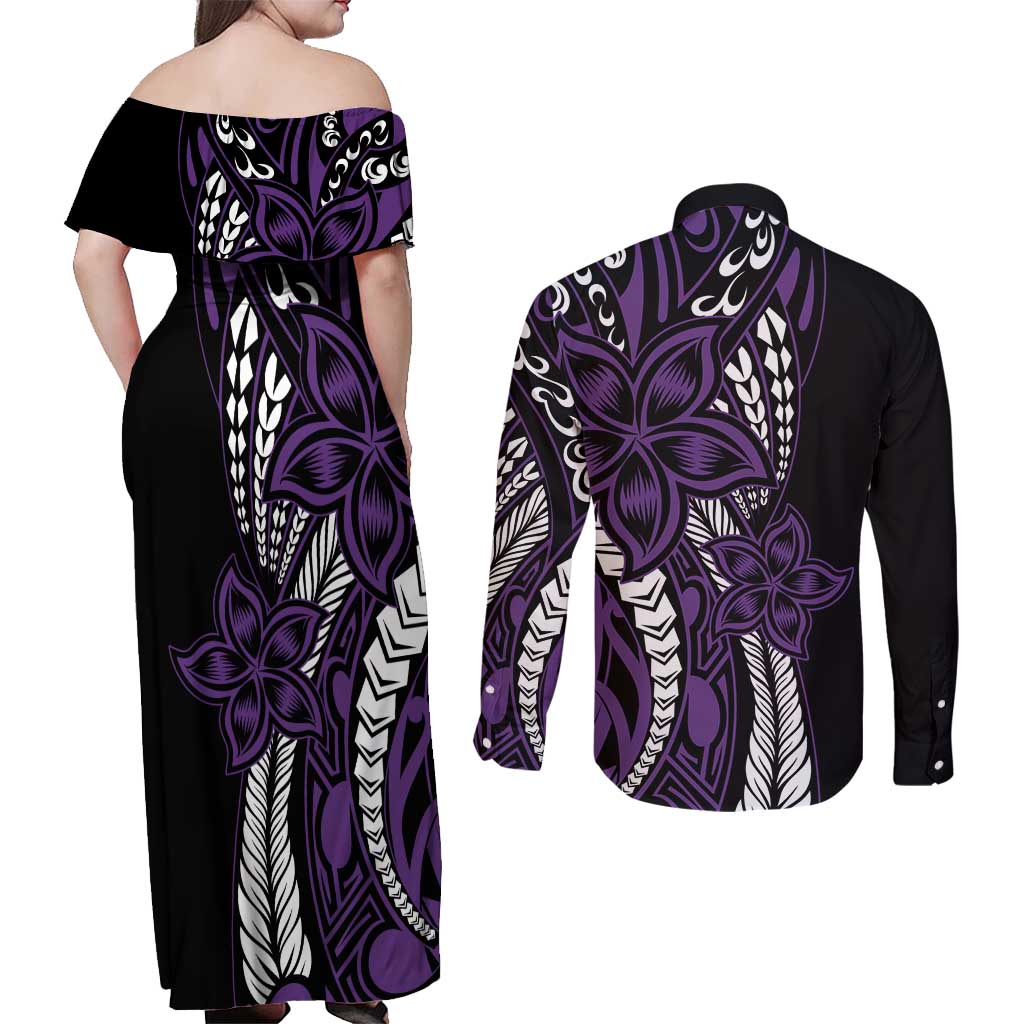 Polynesian Plumeria Floral Tattoo Pattern Couples Matching Off Shoulder Maxi Dress and Long Sleeve Button Shirt Purple Style