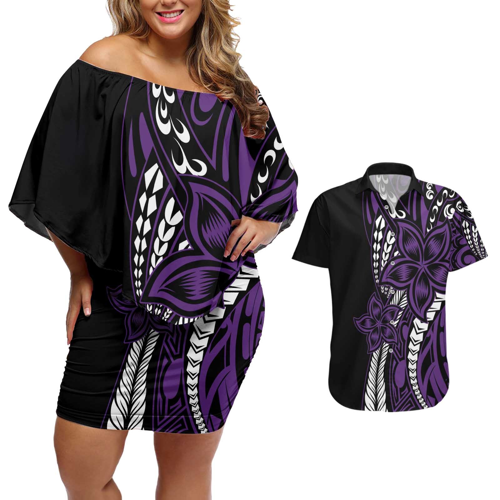 Polynesian Plumeria Floral Tattoo Pattern Couples Matching Off Shoulder Short Dress and Hawaiian Shirt Purple Style