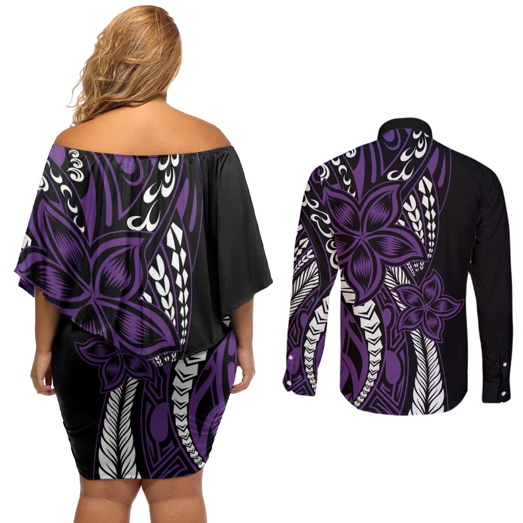 Polynesian Plumeria Floral Tattoo Pattern Couples Matching Off Shoulder Short Dress and Long Sleeve Button Shirt Purple Style