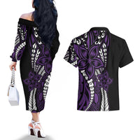 Polynesian Plumeria Floral Tattoo Pattern Couples Matching Off The Shoulder Long Sleeve Dress and Hawaiian Shirt Purple Style