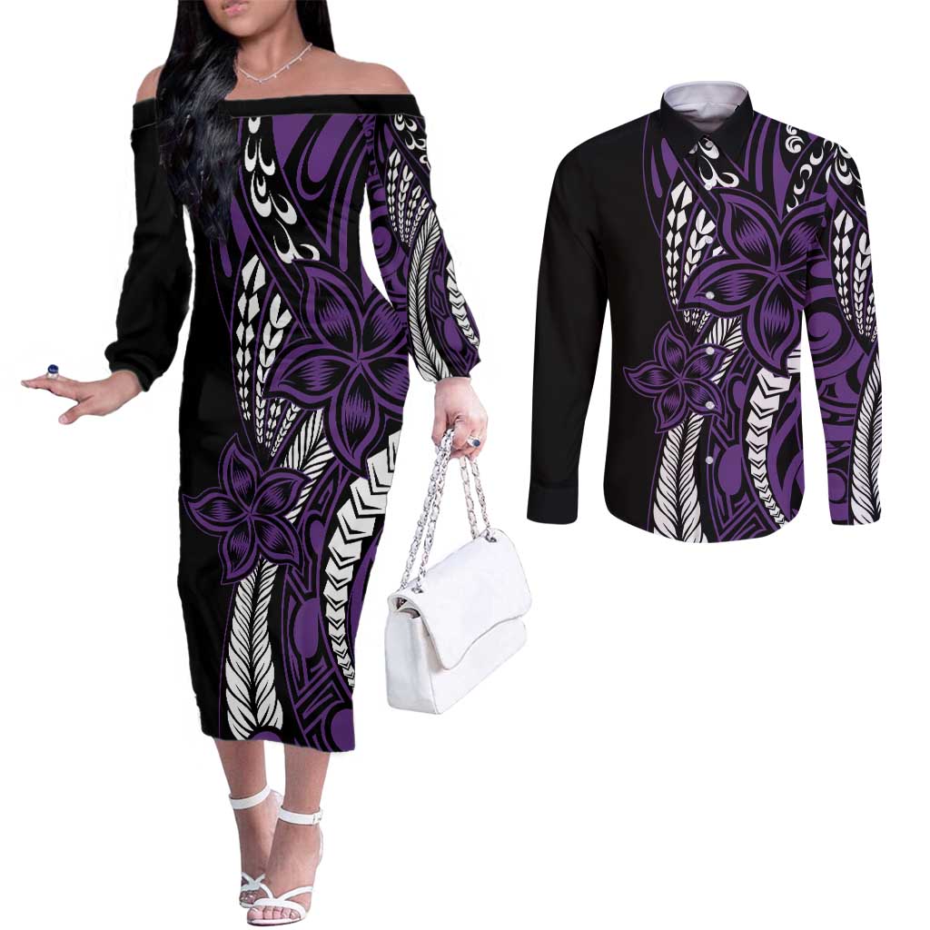 Polynesian Plumeria Floral Tattoo Pattern Couples Matching Off The Shoulder Long Sleeve Dress and Long Sleeve Button Shirt Purple Style