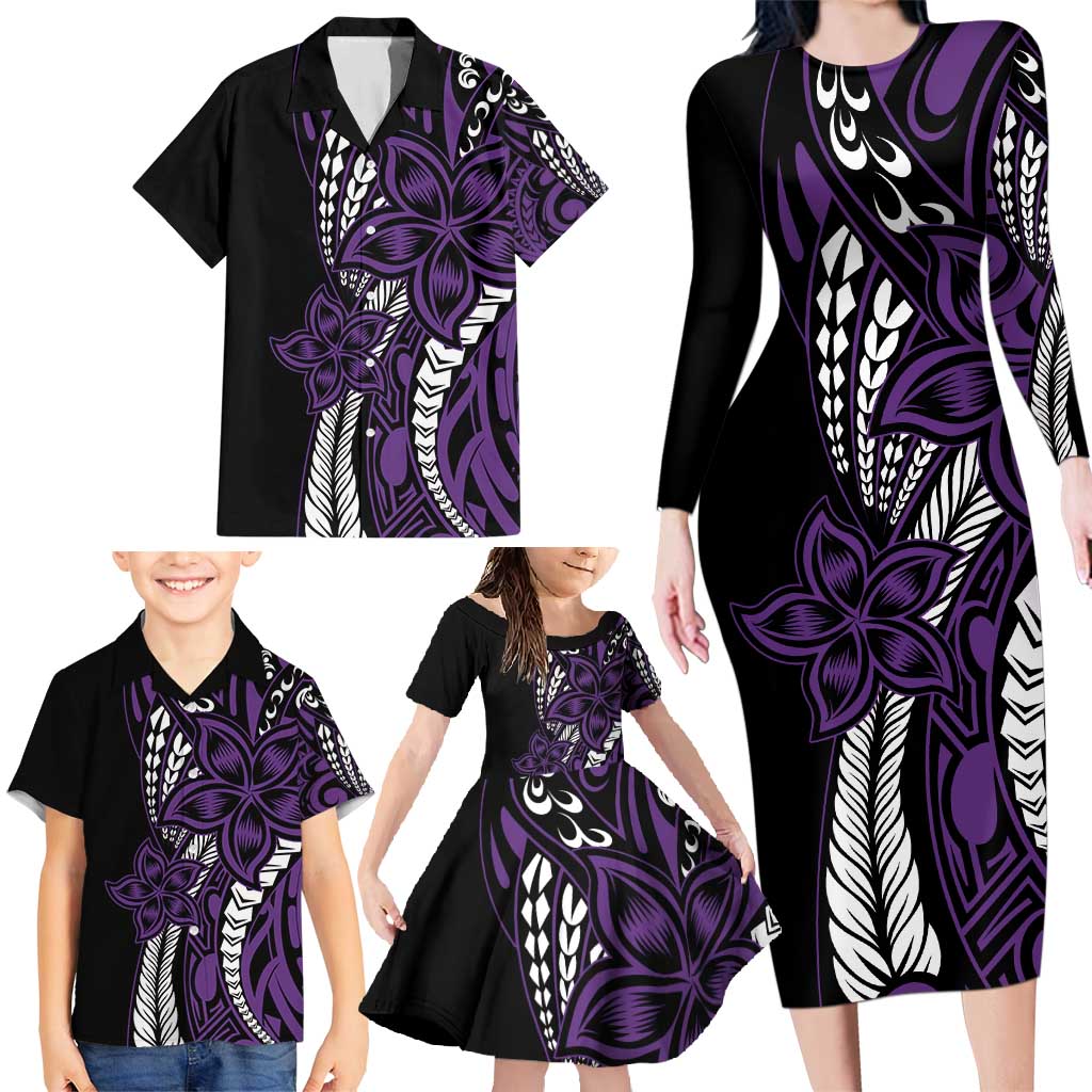 Polynesian Plumeria Floral Tattoo Pattern Family Matching Long Sleeve Bodycon Dress and Hawaiian Shirt Purple Style LT9 - Polynesian Pride
