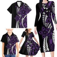 Polynesian Plumeria Floral Tattoo Pattern Family Matching Long Sleeve Bodycon Dress and Hawaiian Shirt Purple Style LT9 - Polynesian Pride