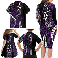 Polynesian Plumeria Floral Tattoo Pattern Family Matching Long Sleeve Bodycon Dress and Hawaiian Shirt Purple Style LT9 - Polynesian Pride