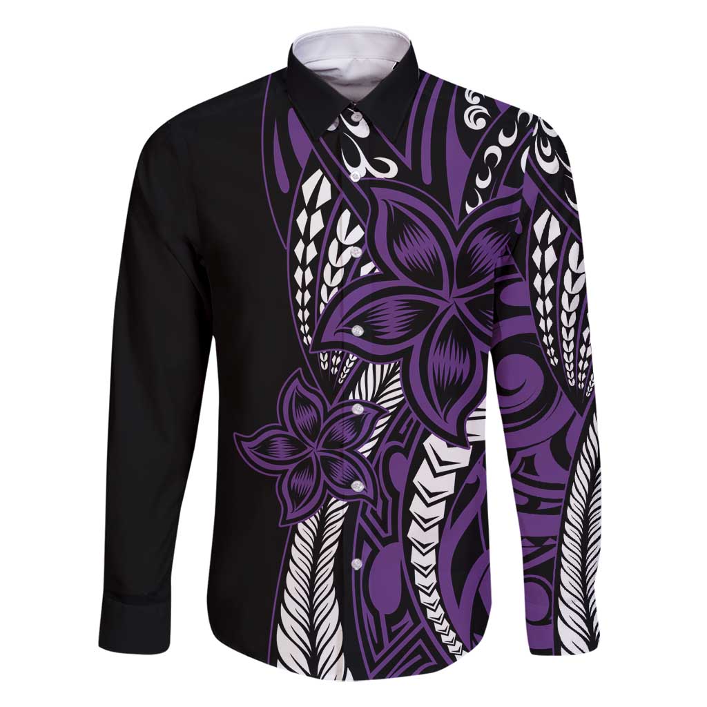 Polynesian Plumeria Floral Tattoo Pattern Family Matching Long Sleeve Bodycon Dress and Hawaiian Shirt Purple Style LT9 Dad's Shirt - Long Sleeve Purple - Polynesian Pride