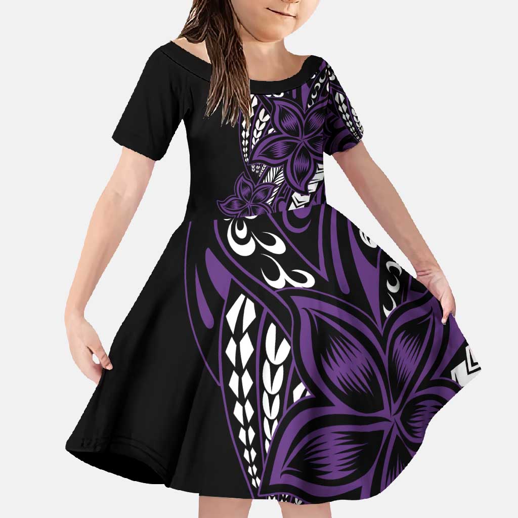 Polynesian Plumeria Floral Tattoo Pattern Family Matching Mermaid Dress and Hawaiian Shirt Purple Style LT9 Daughter's Dress Purple - Polynesian Pride