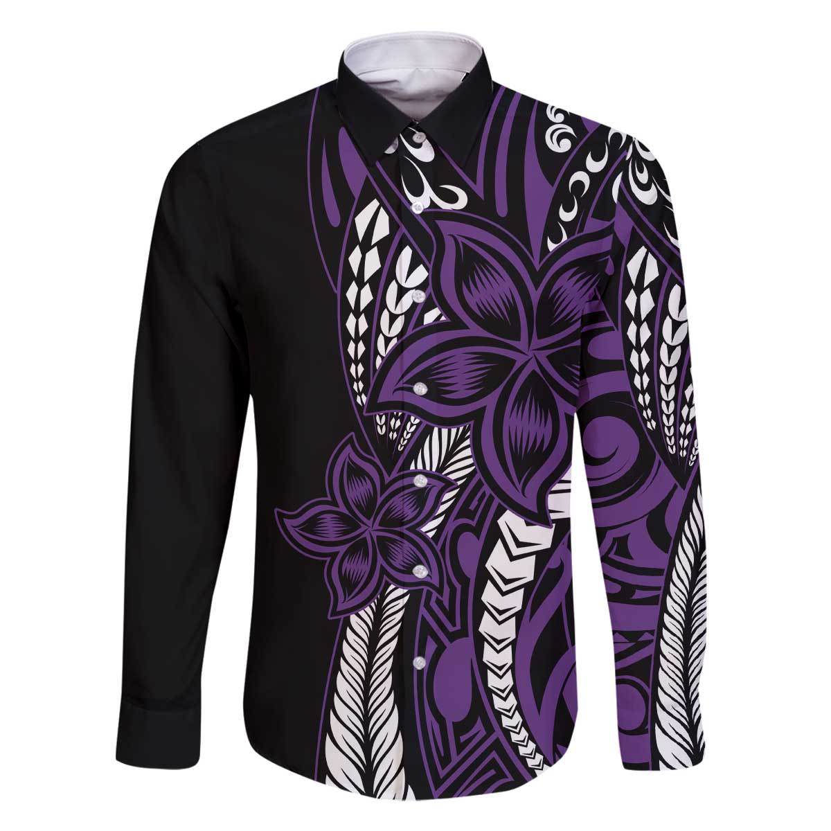Polynesian Plumeria Floral Tattoo Pattern Family Matching Off The Shoulder Long Sleeve Dress and Hawaiian Shirt Purple Style