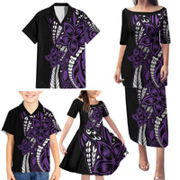 Polynesian Plumeria Floral Tattoo Pattern Family Matching Puletasi and Hawaiian Shirt Purple Style