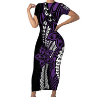 Polynesian Plumeria Floral Tattoo Pattern Family Matching Short Sleeve Bodycon Dress and Hawaiian Shirt Purple Style LT9 Mom's Dress Purple - Polynesian Pride