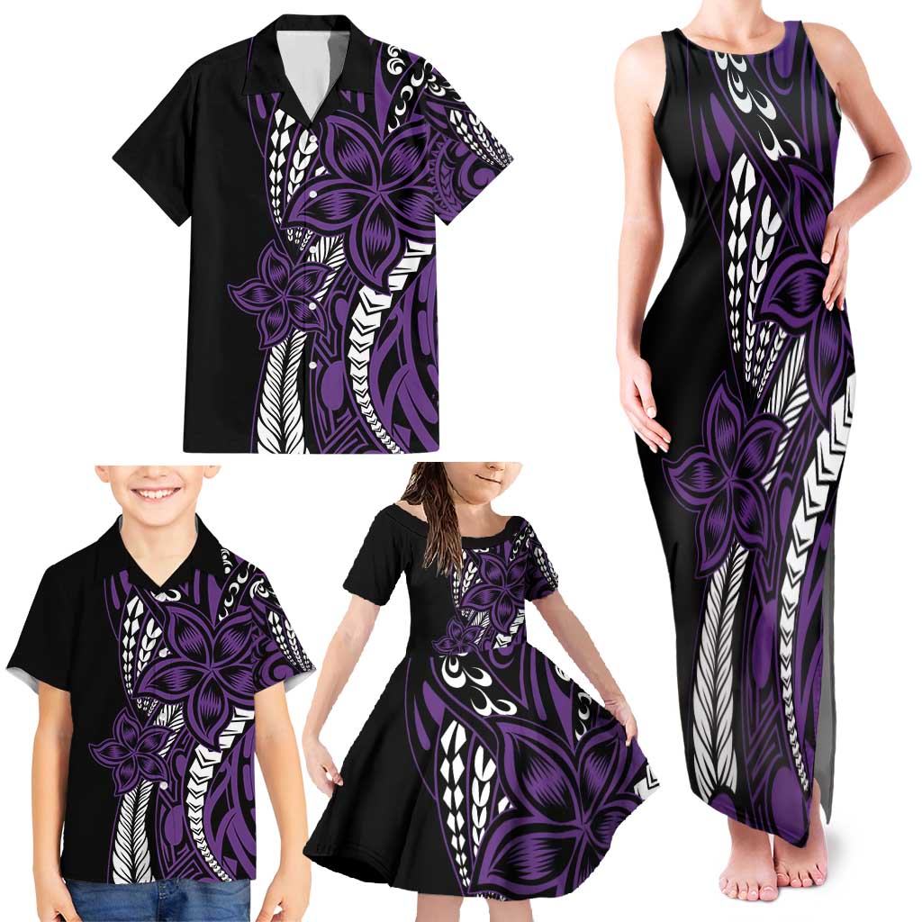 Polynesian Plumeria Floral Tattoo Pattern Family Matching Tank Maxi Dress and Hawaiian Shirt Purple Style