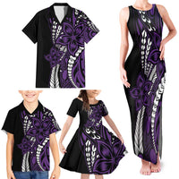 Polynesian Plumeria Floral Tattoo Pattern Family Matching Tank Maxi Dress and Hawaiian Shirt Purple Style