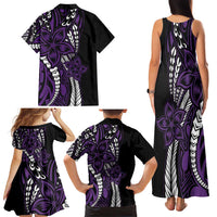 Polynesian Plumeria Floral Tattoo Pattern Family Matching Tank Maxi Dress and Hawaiian Shirt Purple Style