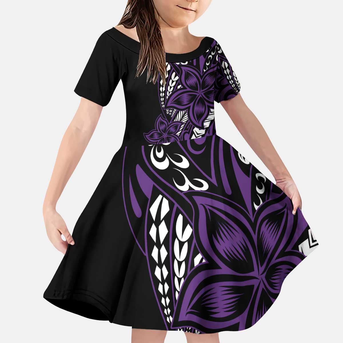 Polynesian Plumeria Floral Tattoo Pattern Kid Short Sleeve Dress Purple Style